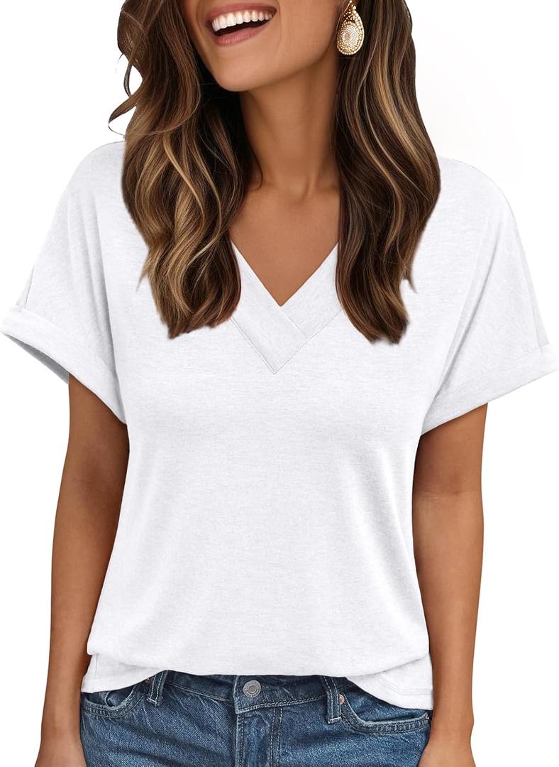 AUTOMET Womens Tops Short Sleeve T Shirt Summer V Neck Casual Top 2026 Spring Cute Basic Trendy Outfits Fashion (White, S)
