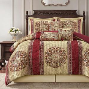 Queen Comforter Set, Wine Gold Medallion Jacquard Design, Luxurious Bohemian 7 Pieces Bedding Set with Decorative Pillows and Bed Skirt