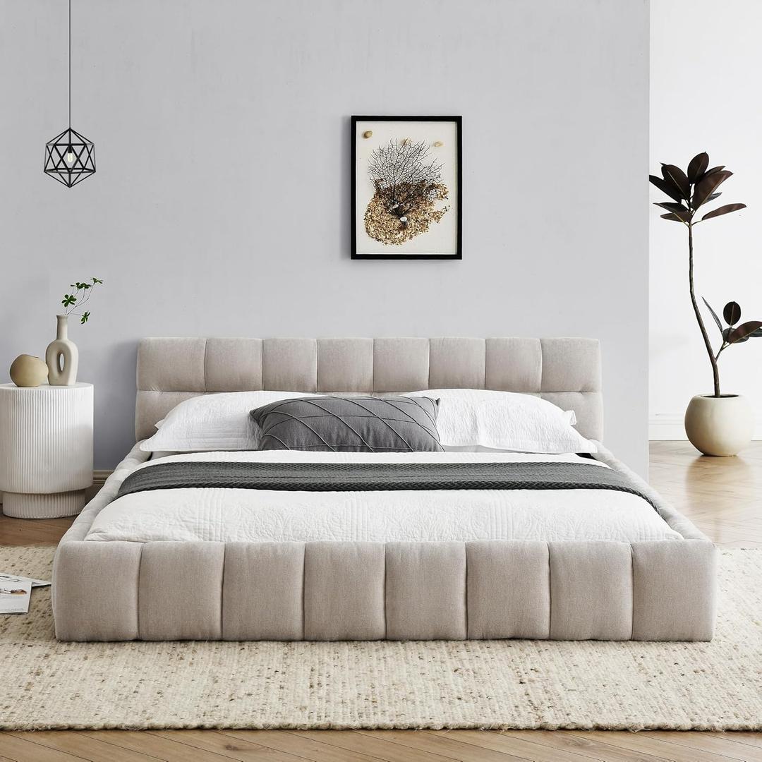 Chenille Queen Floor Bed Frame with Thick Headboard for Bedroom Guest Room, Upholstered Grounded Bed & Wooden Slats Support Mattress Foundation, No Box Spring Needed/Easy Assemble/Noise-Free, Beige