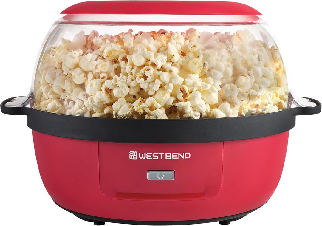 West Bend Stir Crazy Hot Oil Popcorn Popper, Popcorn Maker Machine with Large Serving Bowl Lid and Stirring Rod, 6-Qt., Red