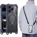 MAGEASY Compatible with iPhone 17 Pro 6.3" Case with Strap - 20ft Drop Protection Compatible with MagSafe, Leather Embedded Frame | Odyssey Strap M (Leatherette Midnight)