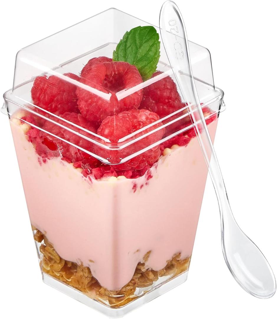 TOFLEN 50 Pack 5 oz Plastic Dessert Cups with High Lids for Party, Mini Dessert Cups with Spoons Dessert Shooter Cups for Yogurt Parfait, Appetizer, Pudding, Fruit and Ice Cream