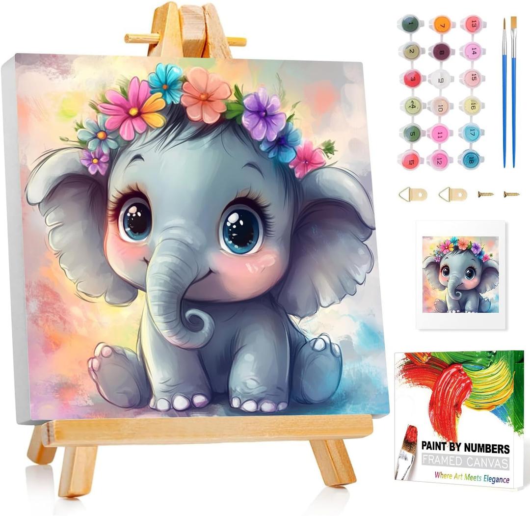 Reivworl Paint by Numbers Kit for Kids with Frame and Easel, Elephant Paint by Number for Kids Age 6-8-12, Acrylic Paint by Numbers for Gifts and Home Decor (8X8inch)
