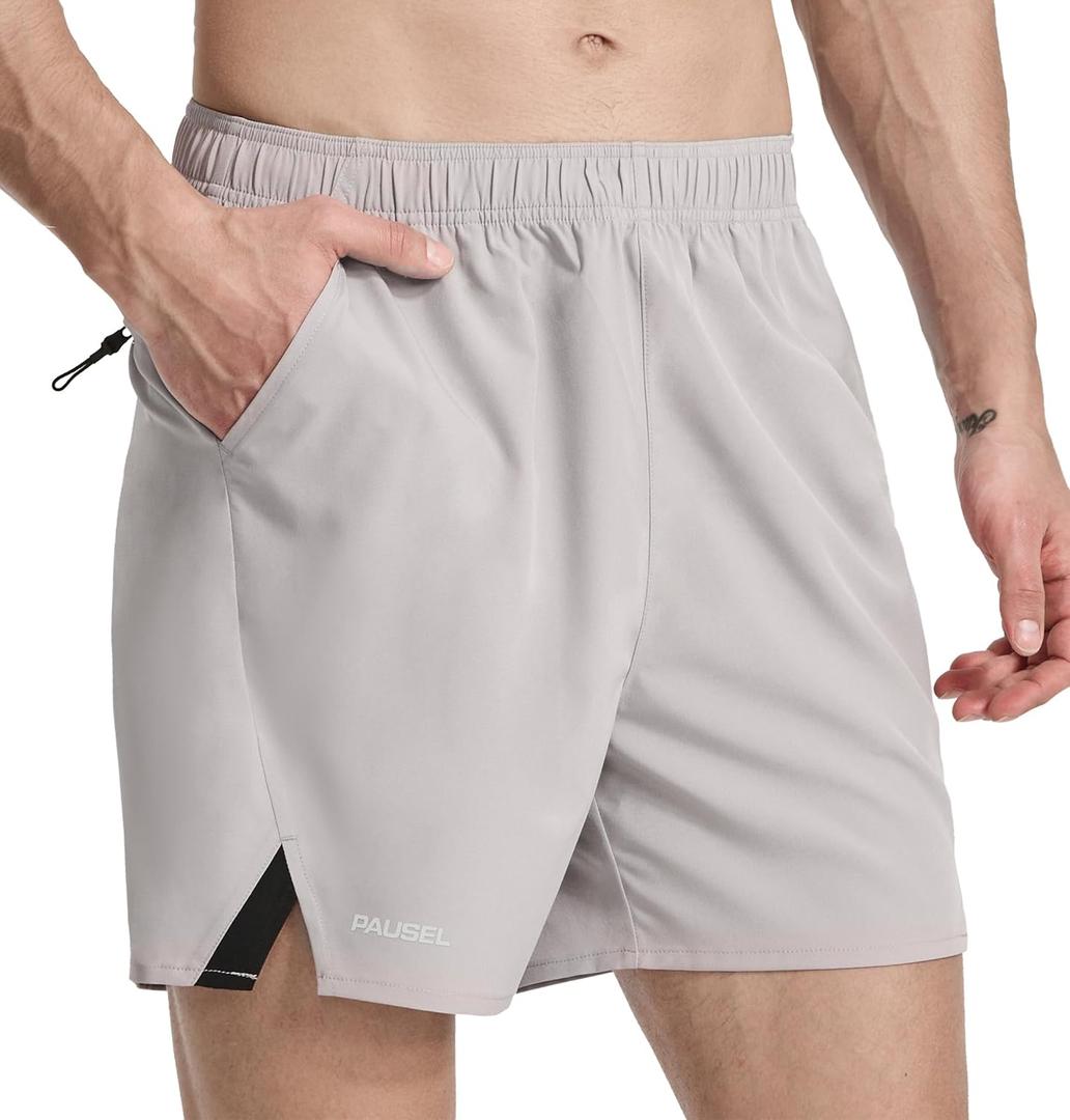 Men's Running Athletic Shorts 5 inch Quick Dry Workout Short Tennis Gym Shorts with Zipper Pockets (Medium, Light Gray)