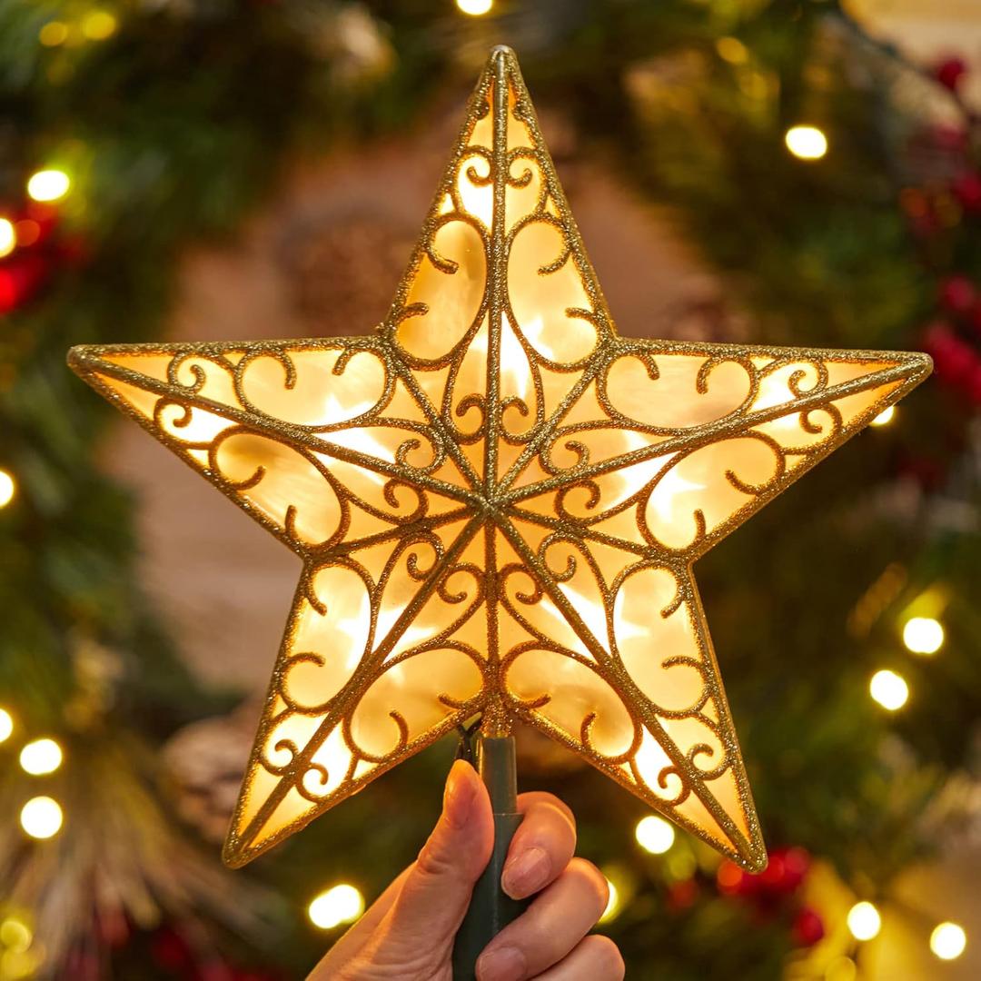 Christmas Star Tree Topper, Plug in Sliver Glittered 3D Star Tree Topper, Metal Hollow Designed Built-in 10 Bulbs String Lights for Indoor Office Christmas New Year Holiday Tree Decoration (Pvc Gold Star)