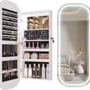 LVSOMT LED Lights Mirror Jewelry Cabinet, Wall Mount/Over the Door Jewelry Armoire Organizer, 42" Full Length Mirror with Storage, Built-in Makeup Mirror, Lockable Mirror Cabinet for Jewelry, White, White, Oval Mirror with Light