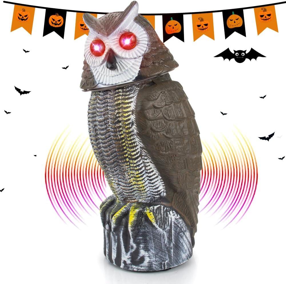 Solar Bird Repellent, Owl Decoy Bird Deterrent Devices Outdoor with Flashing Eyes & Realistic Sound & Rotating Head, Intelligent Animal Repeller for Home, Garden, Patio, RV, Halloween