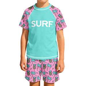 MIGU Boys Swim Set 12-14 Short-Sleeved Rash Guard Bathing Suit 2 Piece Green and Pink Patchwork Pineapple and Coconut Tree Printed Boys Swimsuit and Swim Trunks (Pink)