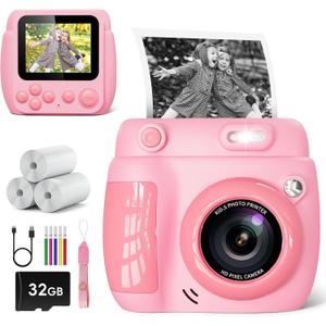 Kids Camera Instant Print - Christmas Birthday Gifts for Girls Boys Age 3-12, 1080P Video Digital Camera with 3 Rolls Printing Paper, Toddler Travel Toy Camera for 4 5 6 7 8 9 10 11 Year Old - Pink