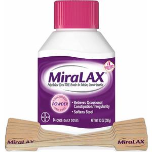 MiraLAX Laxative Powder, Gentle Constipation Relief for Adults, Stool Softener with PEG 3350, Nonstimulant Laxative, No Harsh Side Effects, Includes Stirrer, 14 Dose