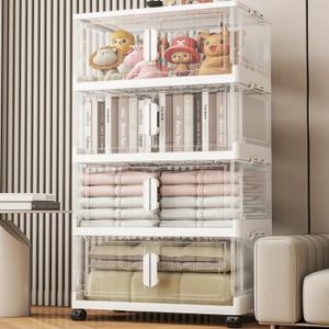 Clear Storage Bins with Lid,15 Gal Collapsible Storage Bin with Wheels,4 Packs Plastic Storage Bins, Closet Organizers and Storaging, Open Front Stackable Storage Bins for Closet Clothes