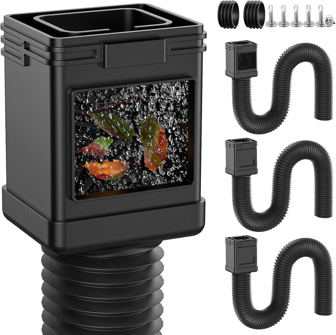 3-Pack Gutter Downspout Extensions with Leaf Filter, Extra Long Flexible Down Spout Extension, Downspout Filters Adapter Fit 2''3'' and 3''4'' Drain Pipe, Black