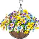 Artificial Hanging Flowers Plants Baskets Outdoor Outside Decoration, Pansies UV Resistant Waterproof Spring Fake Silk Flowers Faux Hanging Planters for Porch Patio Balcony Yard Home Decor