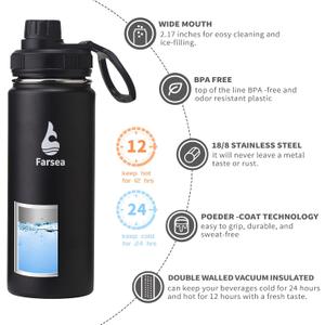 Farsea Insulated Water Bottle With Paracord Handle, Protective Boot and 2 Lids (Straw Lid & Spout Lid), Stainless Steel Water Bottle Wide Mouth, Double Wall Sweat-Proof BPA-Free, 18 oz (Black)