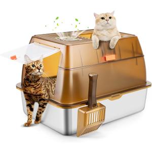 Stainless Steel Cat Litter Box with Lid, XXL Extra Large Enclosed Litter Box for Big Cats High Sided Metal with Removable Lid & Scoop, Front &Top Entry Odor Free, Anti-Leakage, Easy Cleaning (Brown: Fully Enclosed)