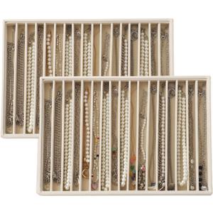 Large Velvet Jewelry Tray 2 Pack Stackable Jewelry Display Drawer Inserts Trays Organizer for Earring Bracelet Necklace Ring (Beige, 16 Grids)