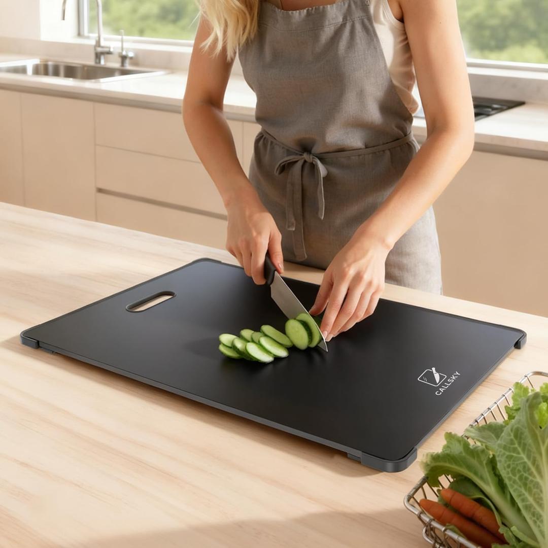 Tempered Glass Cutting Board Set, Large 12x16 Glass Cutting Board for Kitchen with 4 Non-Slip Feet, Heat & Shatter Resistant, Dishwasher Safe, Includes Bonus Sponge & Cloth,Perfect Kitchen Gift-Black, 16"L x 12"W x 0.2"Th