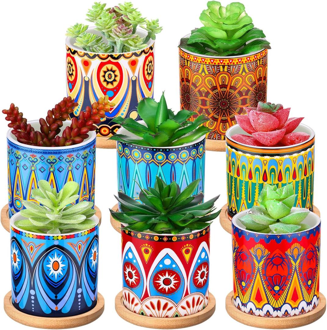 Zopeal 8 Pcs 3 Inch Succulent Planter Pot Ceramic Cactus Pots with Drainage Holes and Bamboo Trays for Indoor Plants Flowers for Home Garden Mexican Party Decor