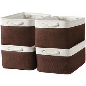 Organization and Storage Basket for Organizing - 16x12x8 inch Large 4 Pack Fabric Storage Cube Collapsible Storage Bins for Shelves, Storage Box for Cloth Books Canvas(White & Flaxen)
