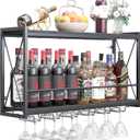 Dokser Wine Rack Wall Mounted Shelf - 2 Tier, Rustic Wood & Industrial Iron Frame Wine Bottle Holder for Kitchen, Dining Room, Home Bar Decor (Black)