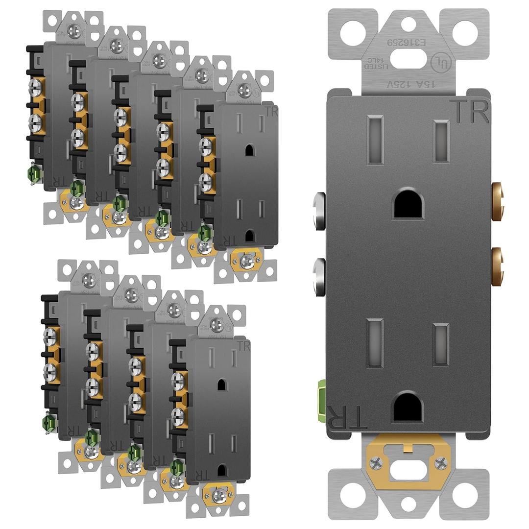 ENERLITES Elite Series Decorator Receptacle, Child Safe Tamper-Resistant Wall Outlet, Self-Grounding, Residential Grade, 15A 125V, 3-Pole, 3-Wire, UL Listed, 61501-TR-SG-10PCS, Space Gray, 10 Pack (Wall Plate Not Included)