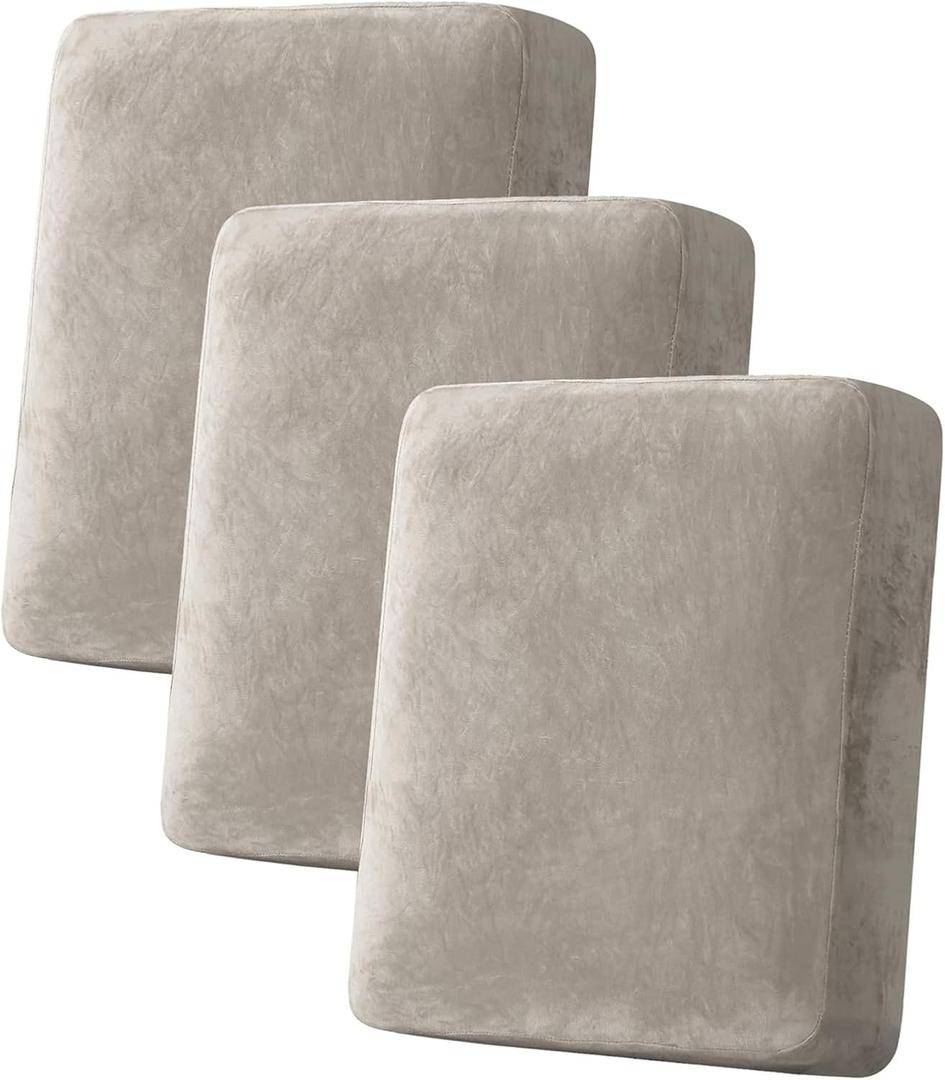 H.VERSAILTEX Velvet Stretch Couch Cushion Cover Plush Cushion Slipcover for Chair Loveseat Sofa Cushion Furniture Protector Seat Cushion Sofa Cover (3 Piece Sofa Cushion Covers, Oatmeal)  21.6"D x 19.6"W x 2"H