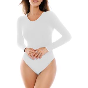 SINOPHANT Long Sleeve Bodysuits for Women Crew Round Neck Basic Stretchy Slim Fit Body Suit Tops White L