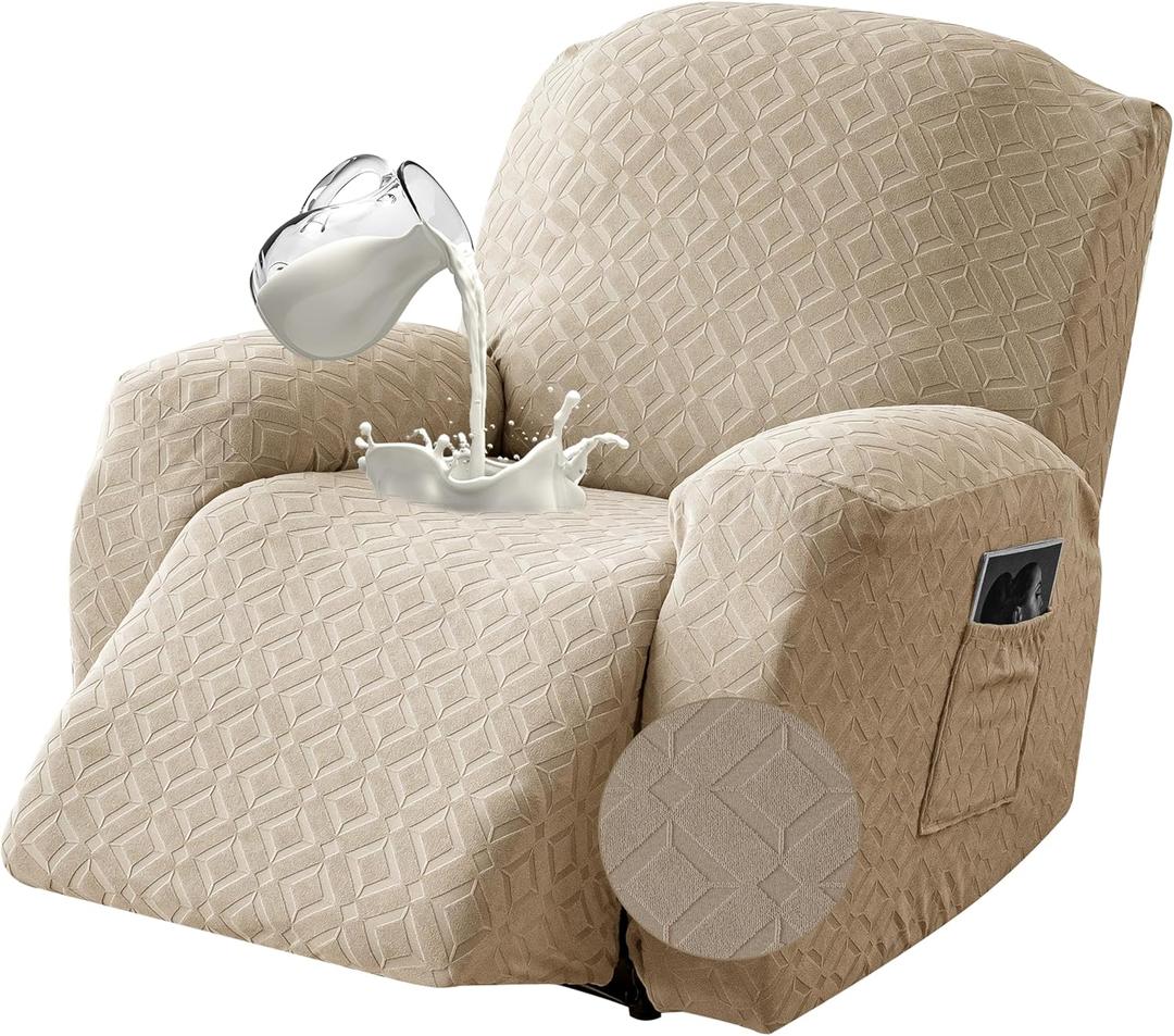 Gennia Waterproof Recliner Chair Cover,Stretch Reclining Sofa Covers with Pockets,Washable Lazy Boy Recliner Slipcovers,Leakproof Couch Protector for Kids, Pets, Dog and Cat (1 Seat, Khaki)