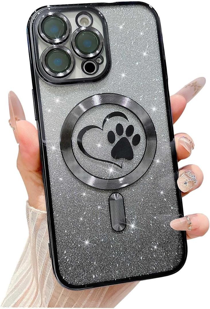 for iPhone 16 Pro Case, Glitter Clear Cute Paw Love Heart, Compatible with MagSafe, Strong Magnetic Full Camera Lens Protection Cover, Soft Slim Bling Phone Case 6.3" - Black