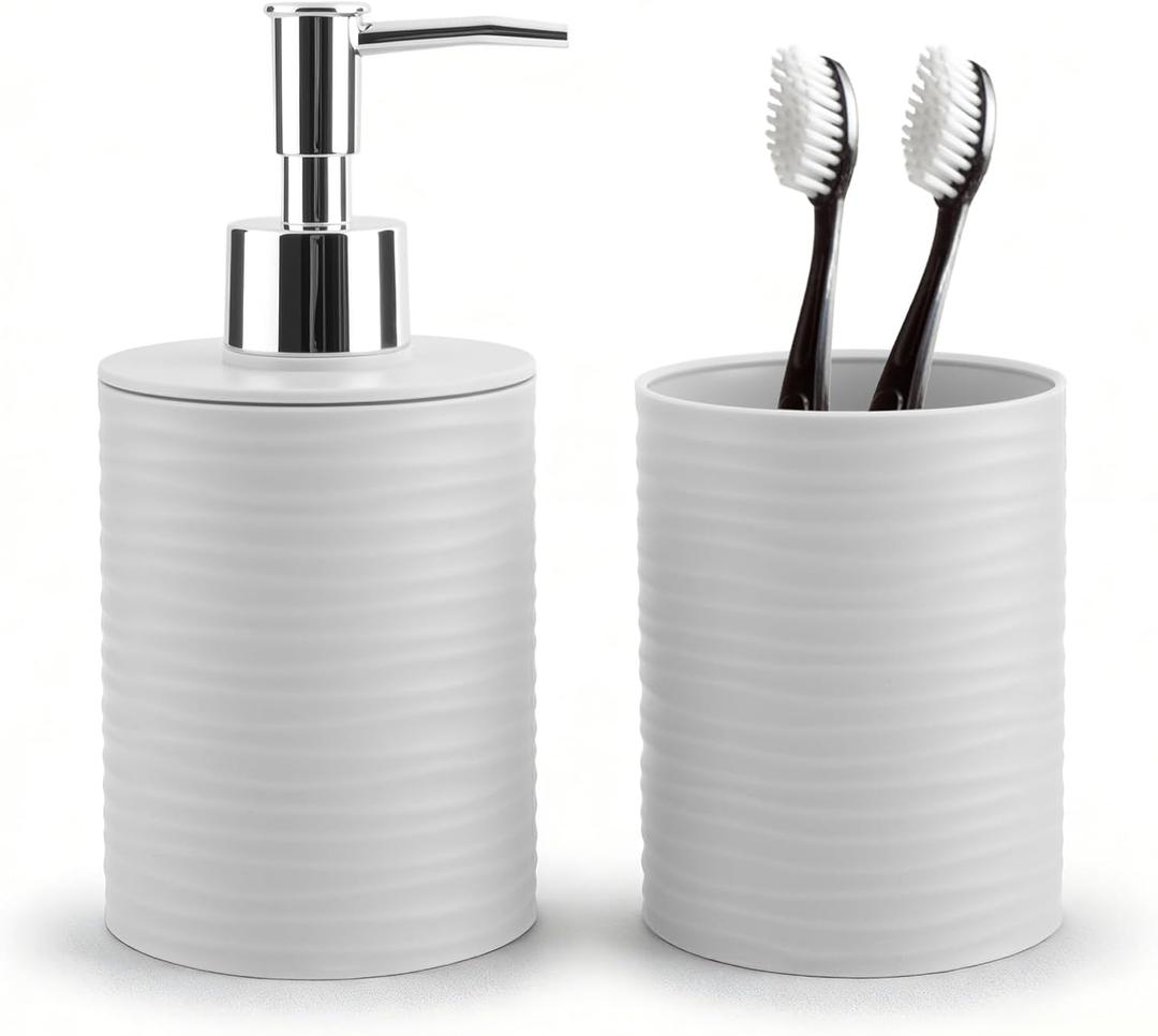 2 Piece Bathroom Accessory Set, Bathroom Accessories Set Include Soap Dispenser and Toothbrush Holder for Modern Bathroom Decor (Grey)
