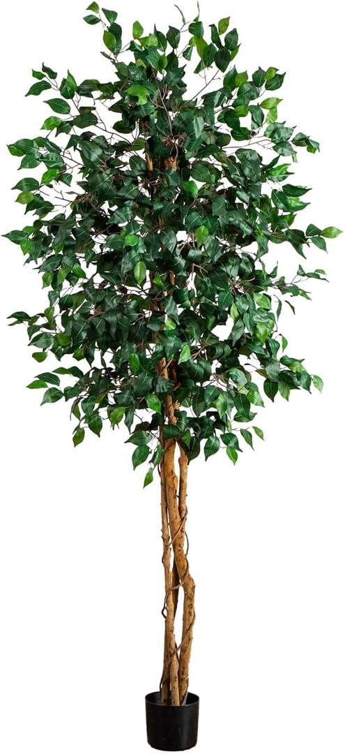 Nearly Natural 74in Triple Trunk Artificial Ficus Tree with Natural Wood Trunks, Fake Tree for Indoor Home Dcor, Faux Ficus Tree with Black Nursery Pot (6ft 2in)