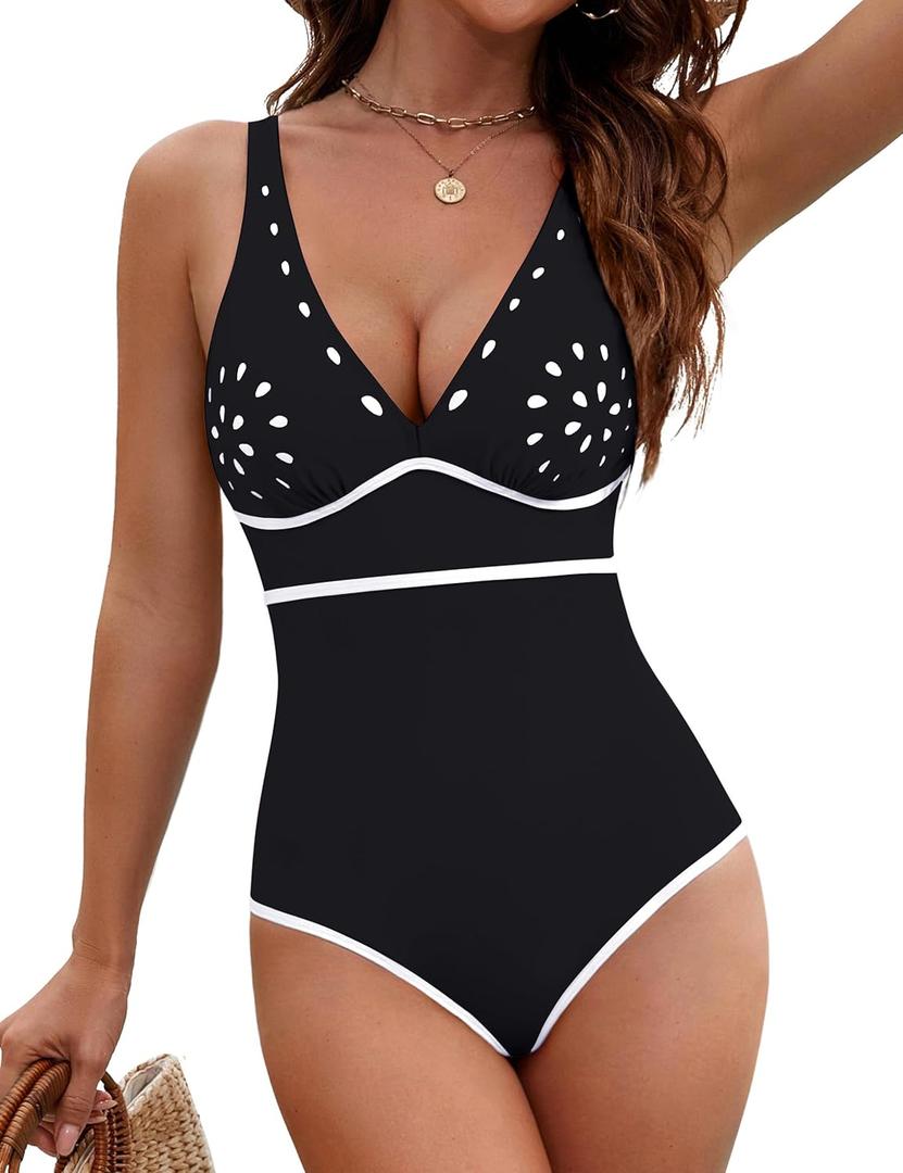 BMJL Womens Tummy Control Swimsuits One Piece Modest Bathing Suits Color Block Cut Out Swimwear (Large, Black)