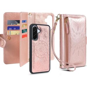 Harryshell Detachable Magnetic Phone Case Compatible with Samsung Galaxy A36 / A56 5G Wallet [ RFID -Blocking ] Card Slots, Cash Zipper Pocket Wrist Strap Lanyard (Floral Rose Gold)