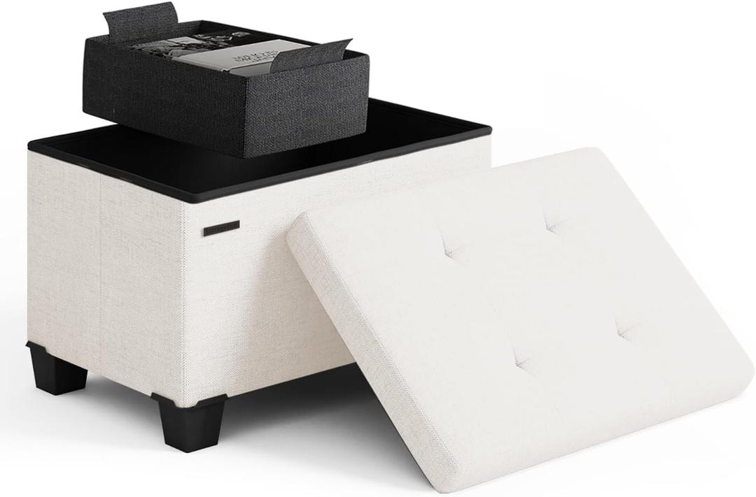 Storage Ottoman Cube with Small Bin, 16-in Square Ottoman with Storage for Living Room and Bedroom, Small Ottomans Foot Rest, Fabric Foot Stools Ottomans Max 330lbs, Cream