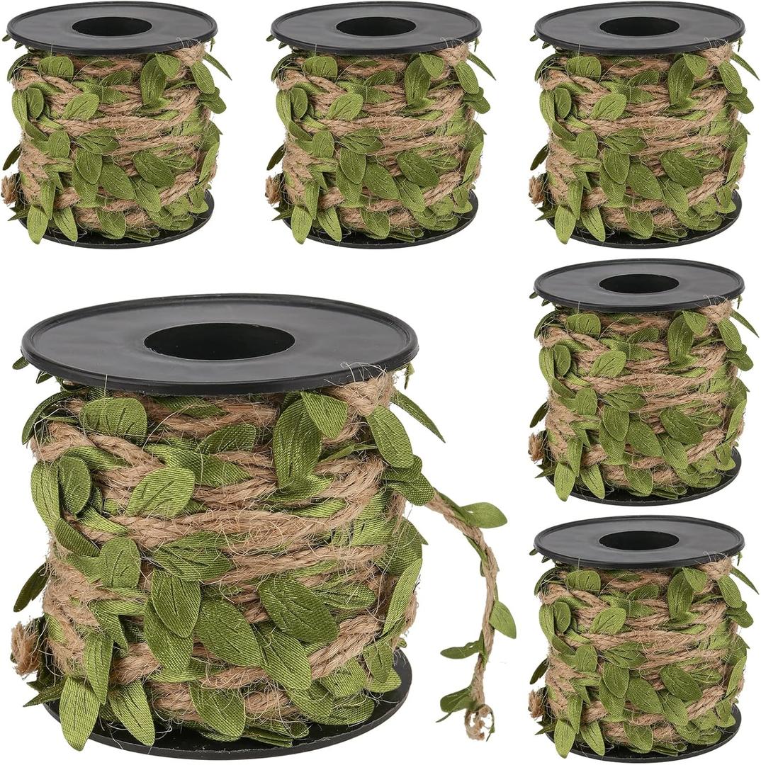 KEILEOHO 196Ft 5MM Burlap Leaf Ribbon, 6 Rolls 33 Ft Natural Jute Twine Rope, Jute Twine with Green Leaves Ply Braided Burlap Ribbon Artificial Leaves Vine Rope for Wedding, Party, Garden Decor