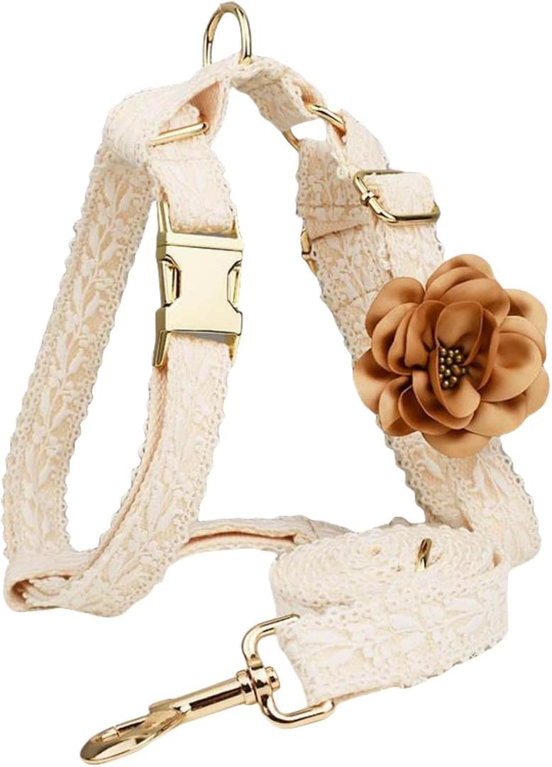 Small Dog Harness and Leash Set Cute Harness for Girl Dogs Luxury Fancy Puppy Harness with Bow Adjustable Lace Flowers Dog Harness No Pull with Handle for Easy Dog Walking (White, S)
