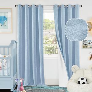 Blue Linen Blackout Curtains for Kids Bedroom Nursery 84 Inch Length 2 Panels, Thermal Insulated Full Room Darkening Noise Reducing Privacy Window Curtains for Boy Room, Each 52 Inch Wide
