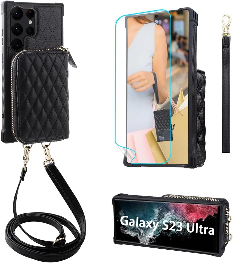 MONASAY Zipper Wallet Case Fit for Samsung Galaxy S23 Ultra,[RFID Blocking] Flip Leather Handbag Phone Cover with Card Holder and Crossbody Shoulder Lanyard Strap, Black