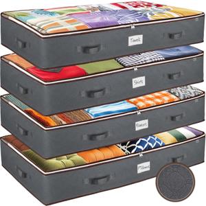 Under Bed Storage Bins - Pack Of 4 Under The Bed Storage Containers For Clothes, Blankets, Winter Clothing, & Shoes - Underbed Storage Containers With Handles, Dual Zippers, & Clear Top (Gray)
