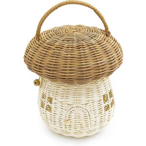 KOLWOVEN Mushroom Rattan Storage Basket with Lid - Mouse in a Box House- Small Doll house- Decorative Hand Woven Shelf Organizer Cute Handmade Handcrafted Gift Decoration Artwork Wicker (Natural) (Large)
