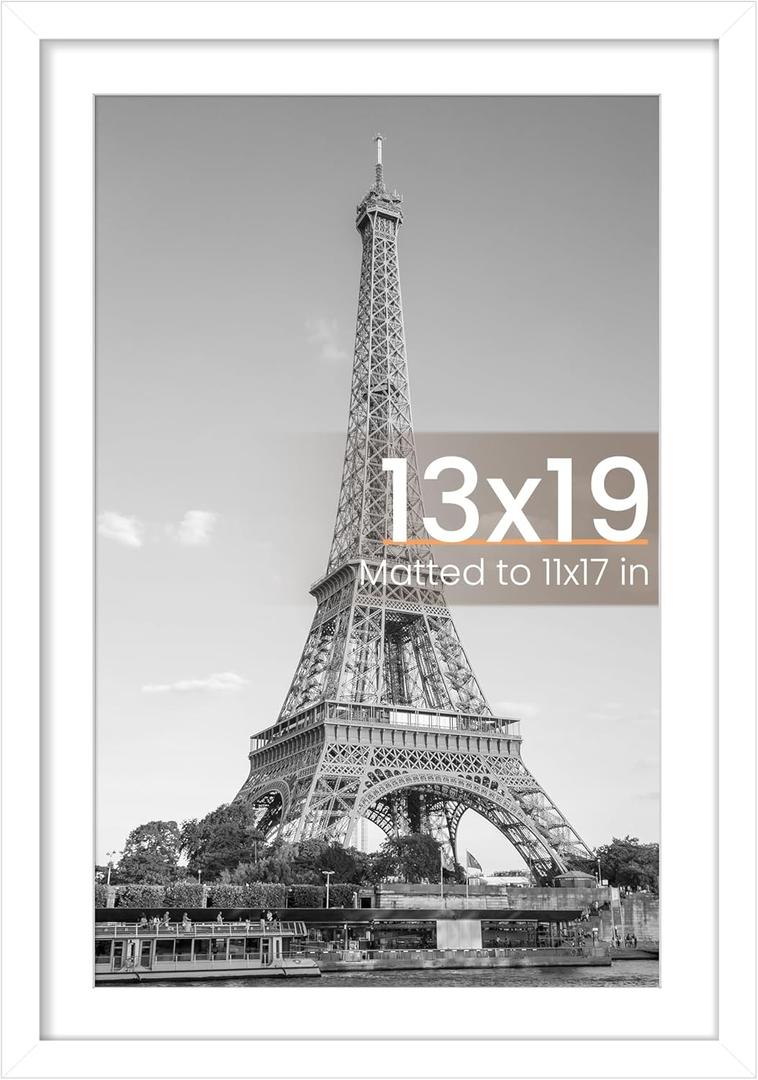 upsimples 13x19 Picture Frame, Display Pictures 11x17 with Mat or 13 x 19 Without, Wall Hanging Poster Frames, White, 1 Pack
