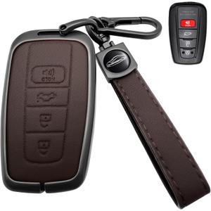 for Toyota Corolla Key Fob Coverwith Leather zinc Alloy Keychains-Full Cover Key Case for Avalon,Camry,C-HR,Highlander,Prius,Venza-2019-2024,Keycase Buckle (Wrist Strap Style, Brown)