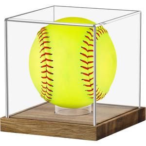 Clear Acrylic Softball Display Case with Wood Base, Memorabilia Stand Cube Holder, Dust Protection Transparent Storage Box for Single Ball Souvenir Softball Collections (1-Pack)
