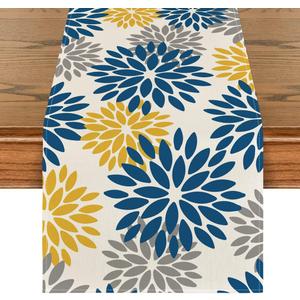 3 x Artoid Mode Blue Dahlia Floral Pinnata Summer Table Runner, Spring Kitchen Dining Table Decoration for Home Party Decor 13x90 Inch (Blue/Yellow/Grey)