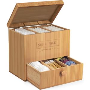 Tampon Holder with Lid,Bamboo Bathroom Feminine Product Organizers, Pads Storage Box for Women and Girls,Sanitary Napkins Cotton Swabs Balls Container for Bathroom,Vanity Accessories (Bamboo01)