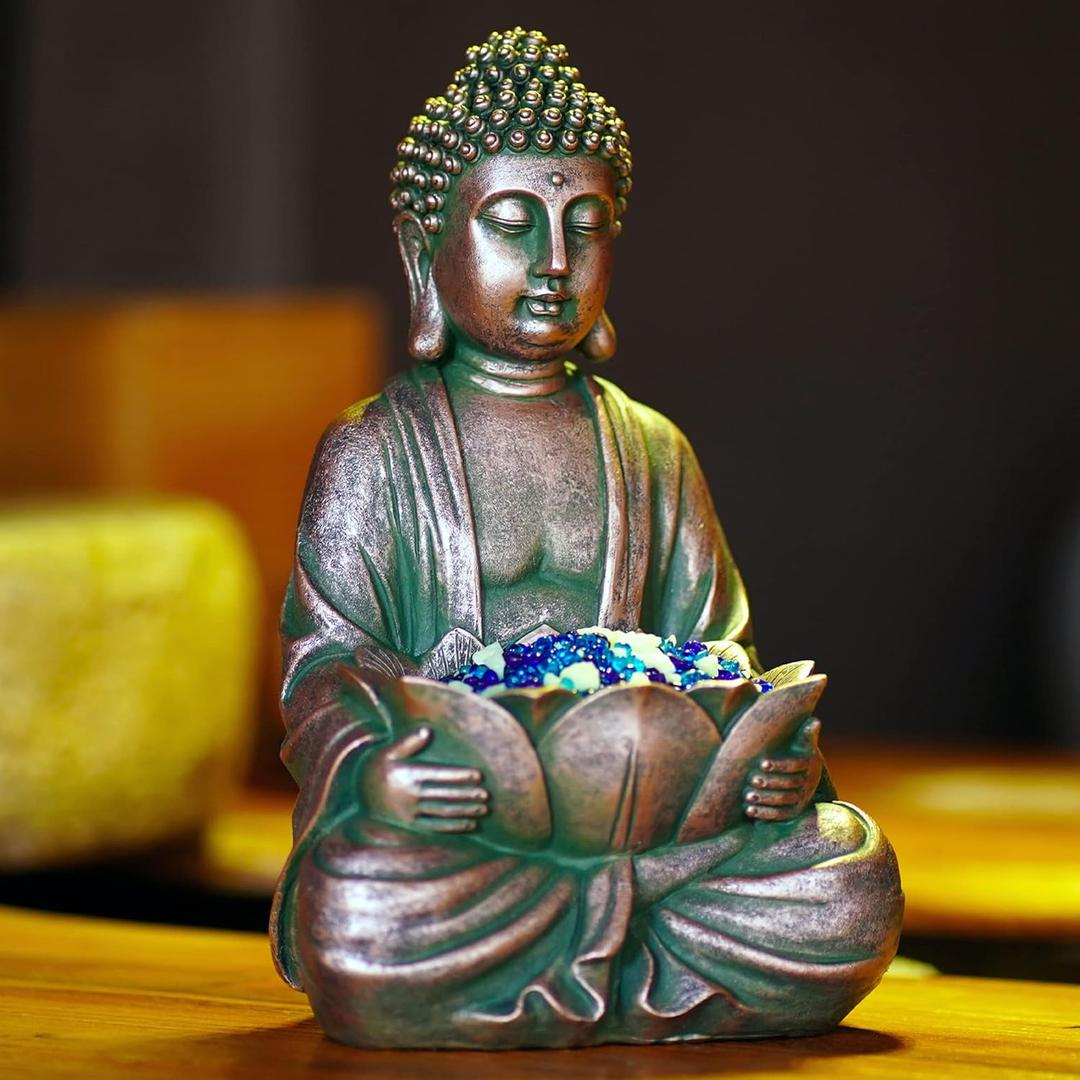 Goodeco 12" Meditating Buddha Statue w/Lotus - Zen Garden Sculpture for Indoor/Outdoor Decor, Home & Garden Decoration with Magical Glow in Dark Pebbles and Glass Stones - Antique Bronze