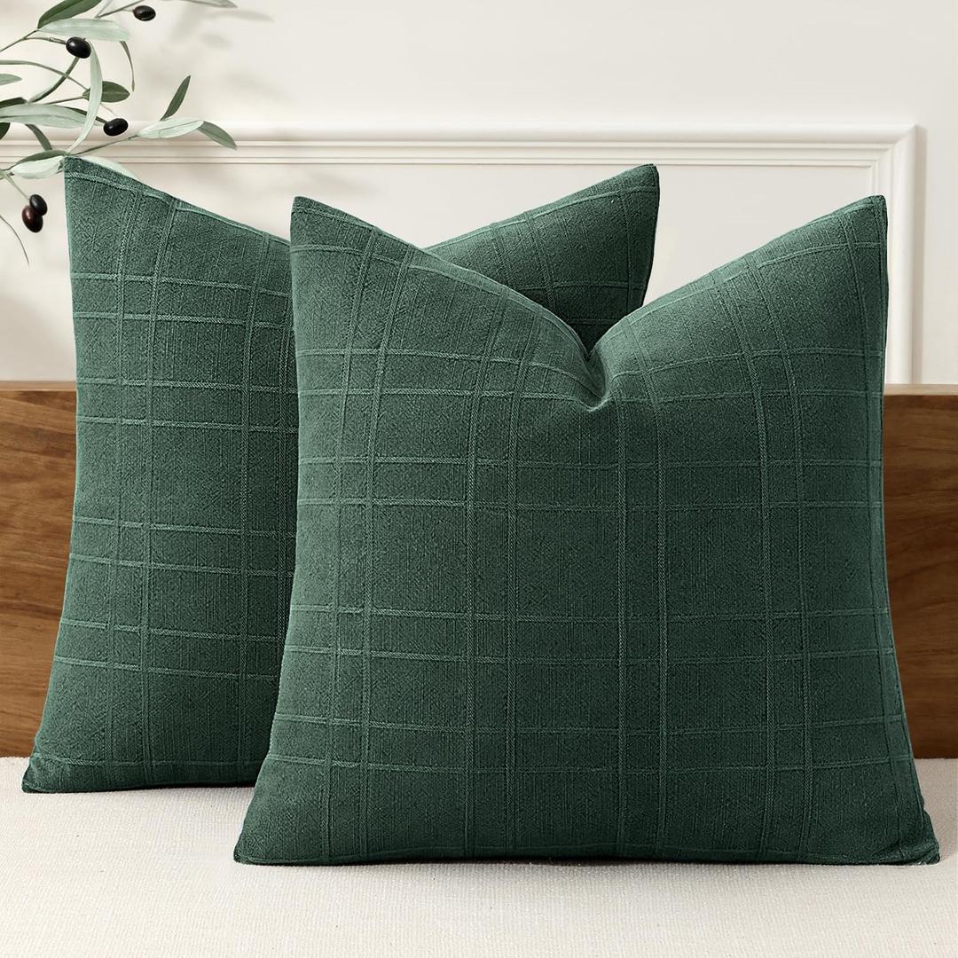 MIULEE Christmas Decorative Linen Check Throw Pillow Covers Neutral Farmhouse Vintage Spring Pillow Covers 20x20 Set of 2 Boho Modern Home Decor for Sofa Couch Bedroom Cushion Dark Green