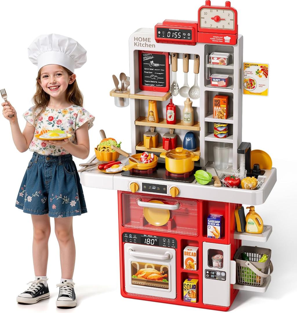 Kids Kitchen Set, 88PCS Play Kitchen Set for Toddlers 3-5, Cooking Stove,Toys Accessories with Light and Sound, Pretend Kitchen Toys Birthday Gifts Playset for Girls 1 2 3 4 5 Year Old