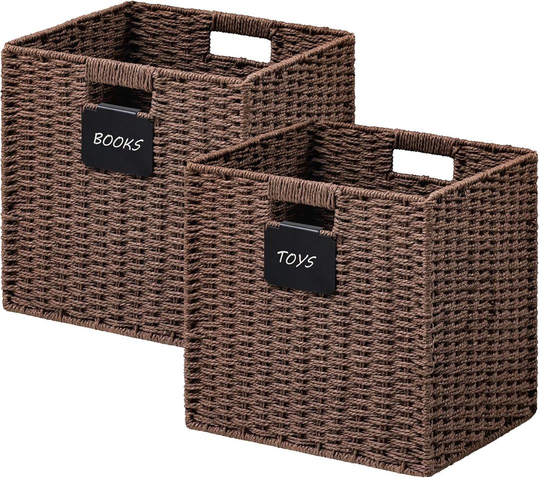 UBBCARE 2 Pack Wicker Basket, 1212 Storage Cubes with Label, Foldable Cube Storage Bin with Handle, Square Storage Basket for Shelves, Woven Paper Rope Basket for Organizing, Brown