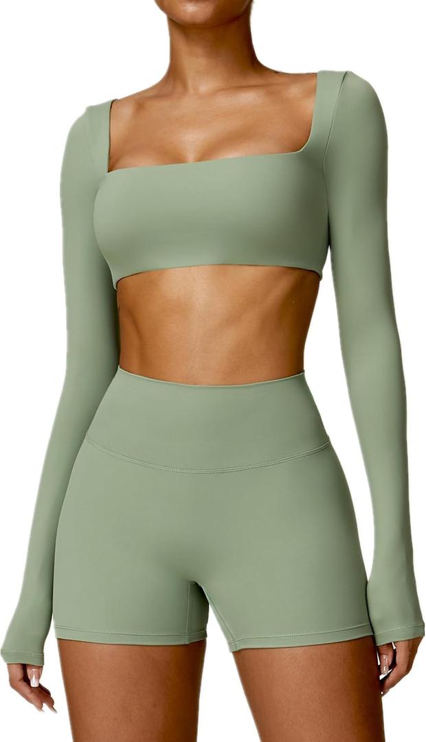 ABOCIW Women Square Neck Long Sleeve Workout Crop Top Low Medium Impact Athletic Yoga Gym Shirts with Built in Bra(ONLY TOP) (Small, Green)